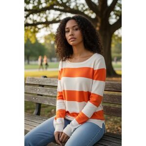 J Crew Striped Sweater Long Sleeve Linen Cotton Cream Orange‎ Size M